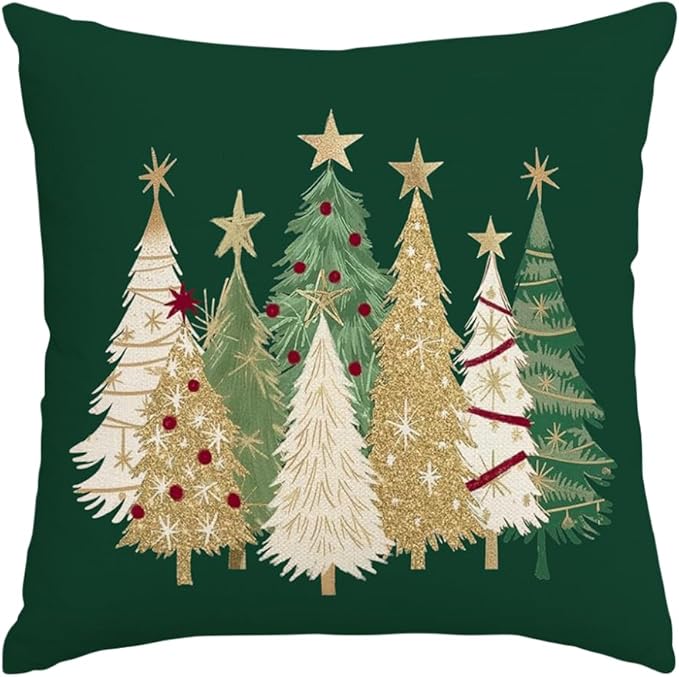 RABUSOFA Christmas Tree Pillow Covers 18x18 Inch,Watercolor Xmas Winter Decor Gold Stars Cushion Case Decoration for Home Sofa Couch Holiday (Green, 18" x 18" (Pack of 1))