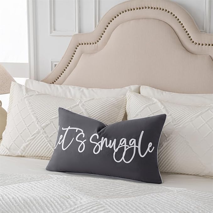 Sunkifover Let's Snuggle Decorative Lumbar Pillow Cover - 12x20 Inch Dark Grey Cotton Embroidery Throw Pillowcase for Bed, Bedroom, Living Room, Home Decor