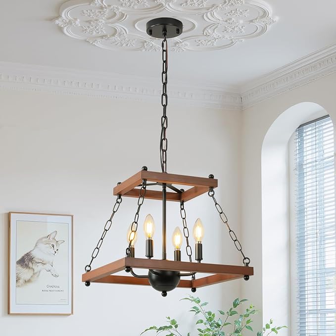 Farmhouse Walnut Chandelier with Chain,16 Inch Modern Geometric Rustic Vintage Hanging Pendant Ceiling Light Fixture for Dining Room Bedroom Kitchen Island Hallway Foyer Entryway