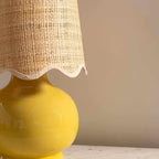 BoutiqueRugs Navarro Boho Ceramic Bedside Table Lamp for Bedroom Nightstand and Living Room - Shade Rattan - Mustard, Yellow, Beige - 13" H