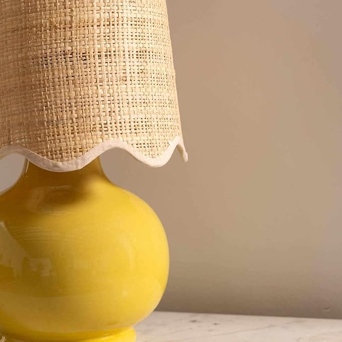BoutiqueRugs Navarro Boho Ceramic Bedside Table Lamp for Bedroom Nightstand and Living Room - Shade Rattan - Mustard, Yellow, Beige - 13" H