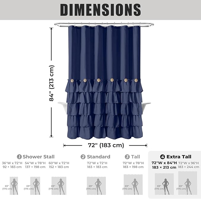 Seasonwood Navy Blue Shower Curtain for Bathroom Ruffle Shower Curtain 72 X 84 Inches Farmhouse Shower Curtains with Buttons & Blue Ruffles