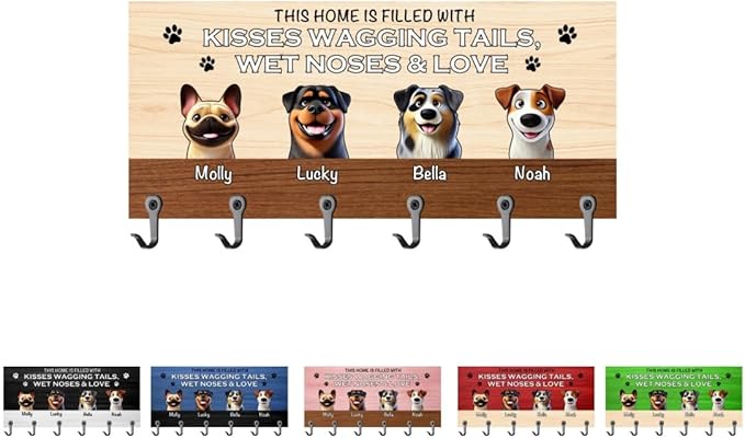 Personalized Dog Key Hooks Leash Holder Custom Dog Cartoon Portrait with Name Wall Mounted Home Key Hanger for Wall Entryway Pet Stuff Organizer Housewarming Home Decor Gifts for Pet Lovers