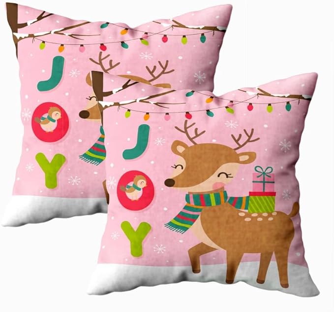 CAPSCEOLL 2PCS Pink Deer Bedroom Pillow Covers 16X16Inch Christmas Cute Reindeer Bird Gift Box Joy Bulb Tree Merry New Year Pillow Covers Decorative for Bedroom Sofa Living Room Bedroom Pillow Covers
