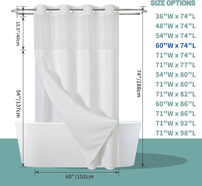White No Hook Waffle Weave Shower Curtain with snap-in Liner Replacement, 230GSM Waterproof Fabric Hotel Shower Curtain Set for Bathroom, Through Mesh Top Window,60Wx74H