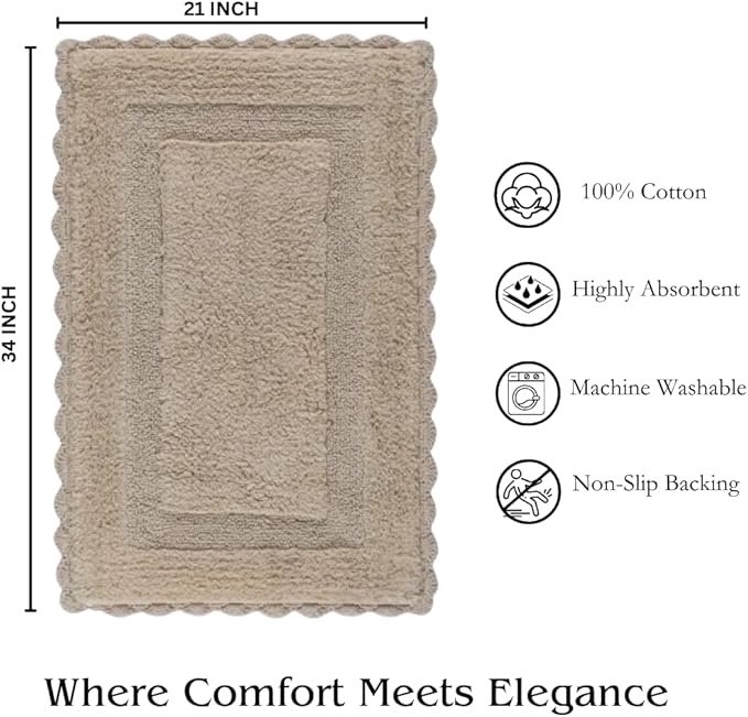 Savi Home Cotton Crochet Bathmat with Antiskid 21x34 Linen, 100% Pure Cotton, Super Soft White, Plush & Absorbent, Hand Tufted Heavy Weight Construction, Full Reversible Step Out Rugs