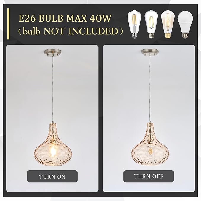 11" Amber Hammered Glass Pendant Light, Blown Glass Hanging Light Fixture with Brushed Nickel Finish, Vintage Modern Ceiling Light for Kitchen Island, Dining Room, Hallway, Living Room