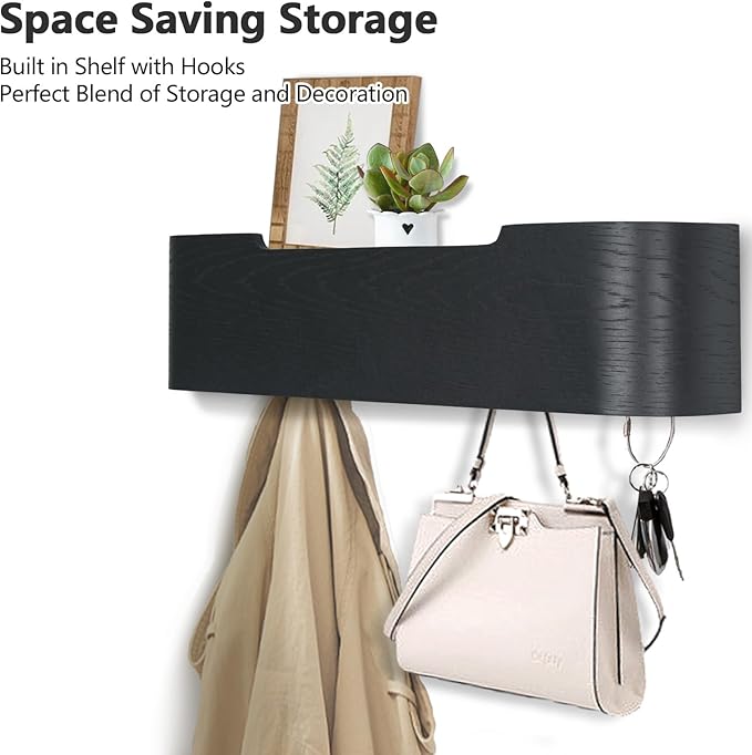 Coat Rack Wall Mount with Hidden Hooks Entryway Hanging Shelf Modern Wood Coat Hanger for Bedroom Kitchen Hallway Bathroom (Black,16.6 Inch Long)