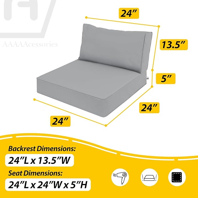 AAAAAcessories Outdoor Deep Seat Cushions, Waterproof, Fade-Resistant Patio Furniture Replacement Cushions, 24" x 24" x 5" + 24" x 13.5", Gray