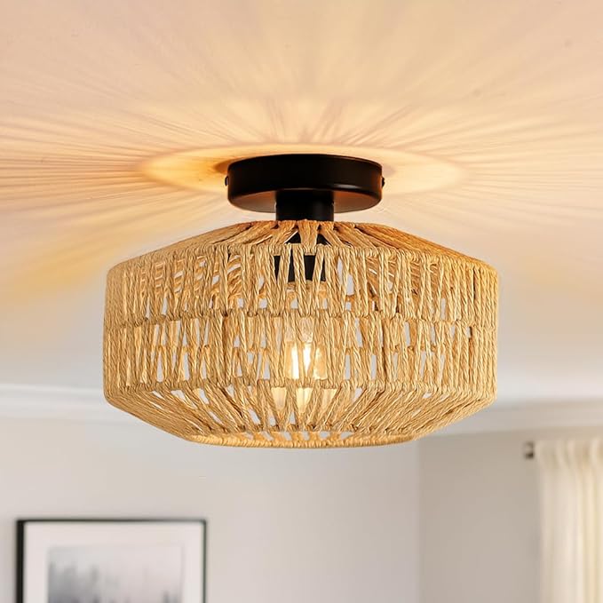 MAYNA 11.8" Rattan Ceiling Light Fixture, Hand-Woven Boho Light Fixtures Ceiling Mount, Mini Rattan Chandelier Light Fixture for Farmhouse Hallway Bedroom Kitchen Entryway, Bulb NOT Included