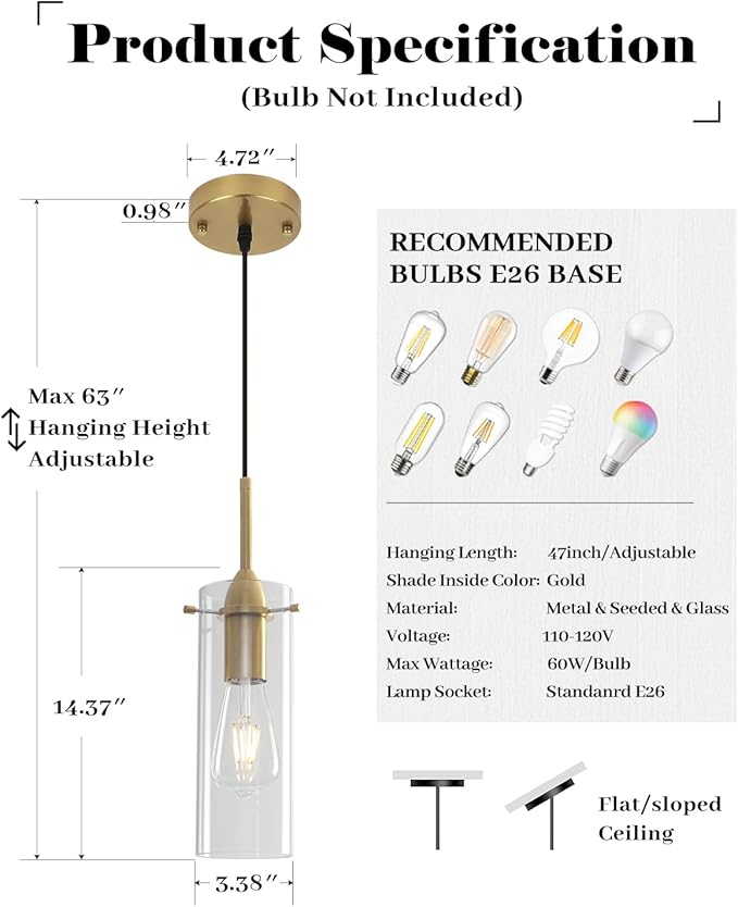 Gold Pendant Lights Kitchen Island 3 Packs, Blown Glass Pendant Light, Modern Glass Kitchen Pendant Light, Hanging Pendant Lights, Island Pendant Lights for Kitchen, Dining Living Bathroom