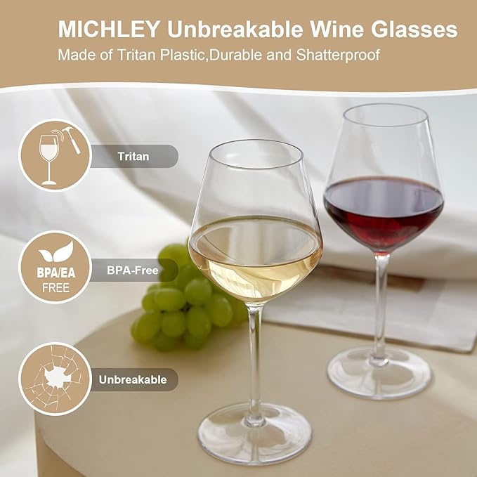 MICHLEY Floating Wine Glasses for Pool Unbreakable Tritan Plastic Red Wine Glasses with Stem Poolside Floating Cups 18.5 OZ, Dishwasher Safe, Set of 4