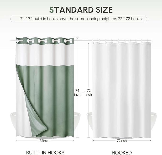 No Hooks Linen Textured Shower Curtain with Snap-in Fabric Liner Set, Hotel Shower Curtain Set for Bathroom with See Through Top Window, Waterproof & Washable, 72Wx74H, Green