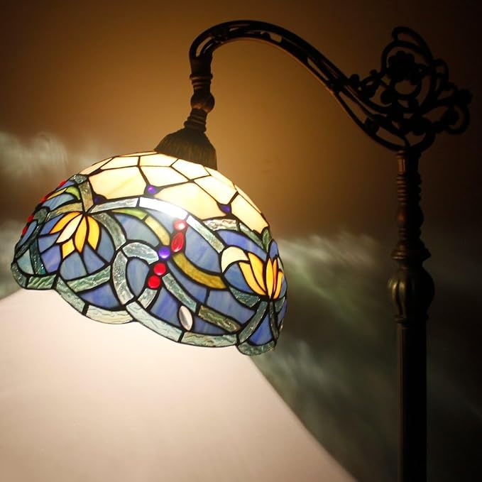 WERFACTORY Tiffany Floor Lamp Blue Lotus Flower Stained Glass Arched Lamp 12X18X64 Inch Gooseneck Adjustable Corner Standing Reading Light Decor Bedroom Living Room S220 Series