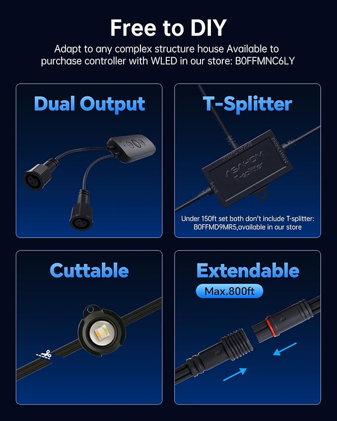 ASAHOM AI Permanent Outdoor Lights S107B, 100FT with 72 RGBCW LED Lights and Dual Output, 30,000 Lighting Effect Combination, IP67 Waterproof for House Halloween Christmas and Daily Decoration, Black