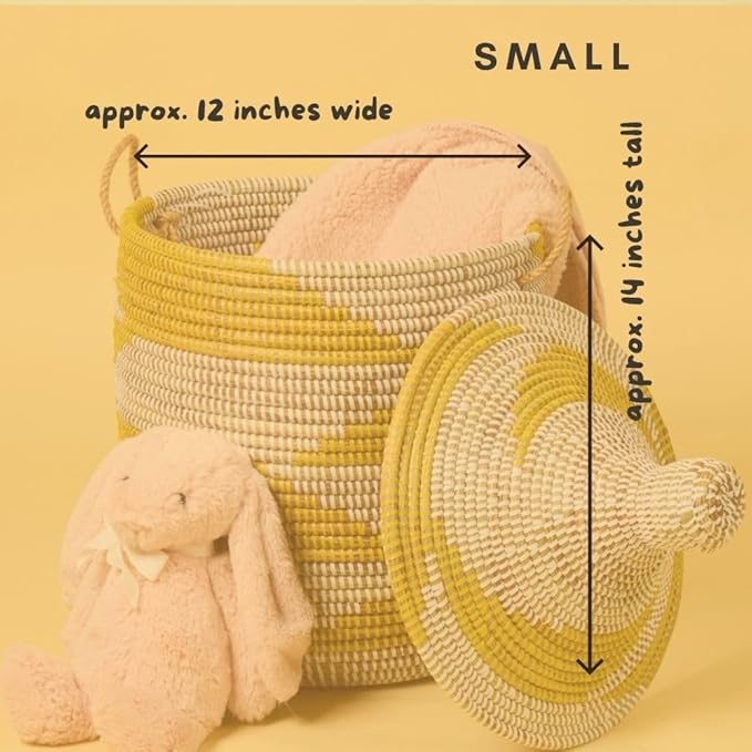 Small Yellow Basket - Organize Bedroom, Living Room, Nursery - Laundry Hamper, Toy Bin, Blanket Storage, Towels Holder - Decorative, Boho Style - Wicker, Woven, Lid, Handles