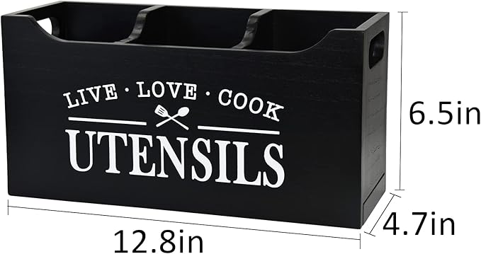 Kitchen Utensil Holder with Drainage Bottom, Large 3 Compartments Solid Real Wood Utensil Organizer for Kitchen Counter, Farmhouse Cooking Tools Storage for Countertop, Black