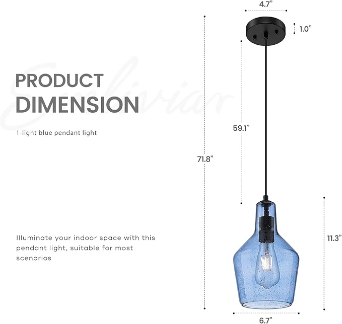 Emliviar 1-Light Kitchen Pendant Lighting, Industrial Adjustable Hanging Pendant Light with Seeded Glass, Blue Finish, DYE286G1-MIL BK