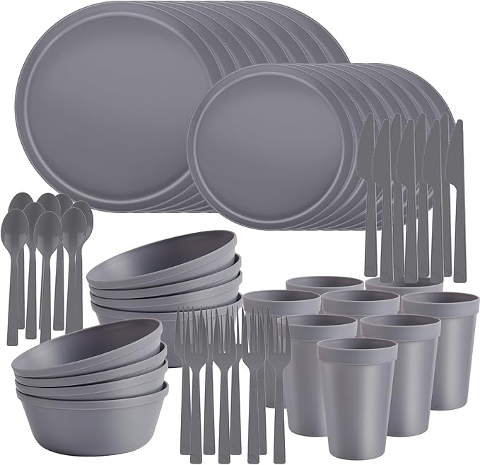 40 Piece Stackable Dinnerware Set for Small Kitchens, Modern Minimalist Plates & Flat Bottom Bowls (Pasta/Salad), Unbreakable & Microwave Safe, Gray
