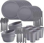 40 Piece Stackable Dinnerware Set for Small Kitchens, Modern Minimalist Plates & Flat Bottom Bowls (Pasta/Salad), Unbreakable & Microwave Safe, Gray