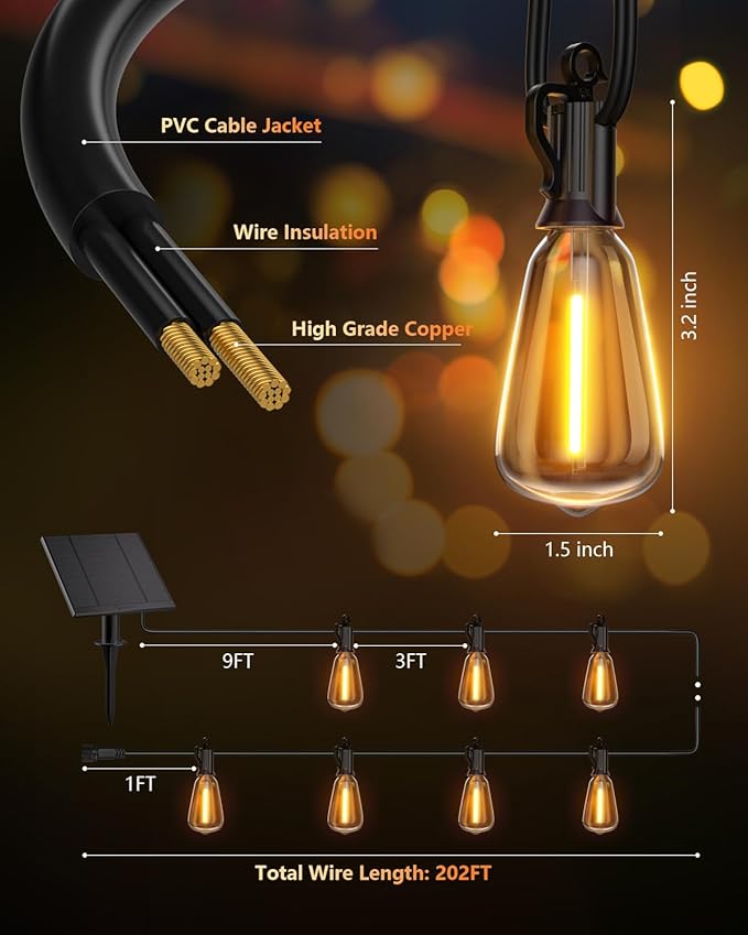 Brightown 202FT Solar String Lights Outdoor Waterproof with Remote, 65+1 LED Shatterproof Bulbs, Dimmable & Timable, 3 Light Modes - Commercial Grade Patio Lights for Garden Backyard Party Decor