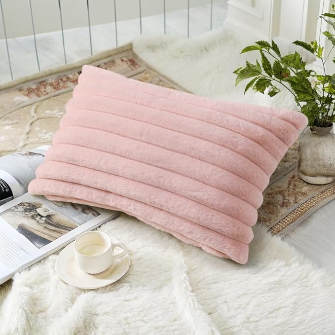 decorUhome Faux Fur Throw Pillow Covers 12x20 Set of 2, Decorative Soft Plush Striped Lumbar Neutral Couch Euro Pillow Covers with Velvet Back for Sofa, Bed, Living Room Home Decor, Pink