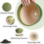 Ceramic Flower Pots - Modren Round 10 Inch 8 Inch 6 Inch Planters with Drainage Holes and Saucers, Plant Pots for Indoor Outdoor, Garden Decor, Housewarming Gifts, Set of 3, Green