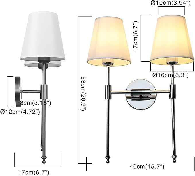 PERMO Classic Double Sconce Chrome 2 Lights Wall Sconce Rustic Wall Mount Lighting Fixture with Flared White Textile Lamp Shade