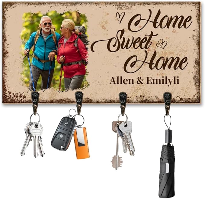 Personalized Family Photo Key Holder Custom Photos Wall Mount Wooden Key Hanger with Family Name Keychain Organizer Hanger for Wall Entryway Home Decor Housewarming Gifts for Birthday,04
