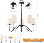 Chandelier with Linen Shade, Black Dining Room Light Fixtures Over Table, Classic Pendant Light Fixtures Ceiling Hanging Lighting for Living Room Bedroom, 5-Arm, 30" Dia