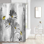 Rustic Farmhouse Shower Curtain, Farm Gray Grey Daisy Floral Flowers and Butterfly on Country Wooden Shower Curtain for Bathroom, Gray White Yellow Shower Curtain with 12PCS Hooks, 47X64IN