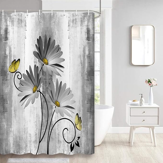 Rustic Farmhouse Shower Curtain, Farm Gray Daisy Floral Flowers and Butterfly on Country Wooden Shower Curtain for Bathroom, 36X70IN with 12PCS Hooks