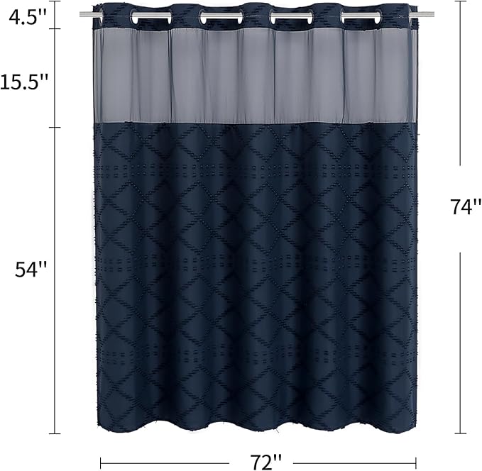 No Hooks Boho Navy Woven Fabric Shower Curtain 72 x 74 Modern Farmhouse, Tufted Chevron Striped Shabby Chic Textured, Minimalist Cloth Hookless Shower Curtains for Bathroom, Hotel Decor