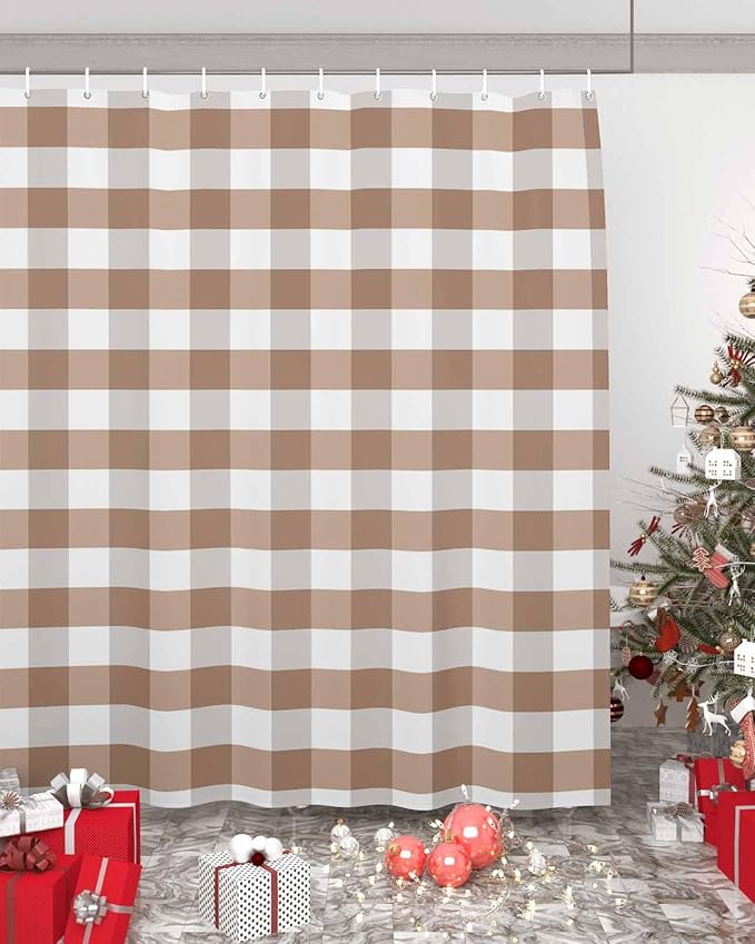 Vandarllin Rustic Brown White Buffalo Check Plaid Pattern Shower Curtain, Farmhouse Shower Curtains Set with Hooks, Waterproof Fabric Bathroom Curtains Decor Home Accessories,72 X 84 Inch Extra Long