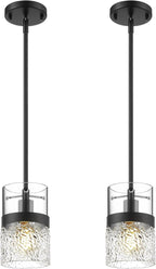 LMS 2-Pack Pendant Lights, 5 Inch Dia Industrial Linear Light Fixtures for Kitchen Island with Adjustable Rods, Medium Hanging Lamp with Hammered Glass, LMS-171PL-BKM-2PK