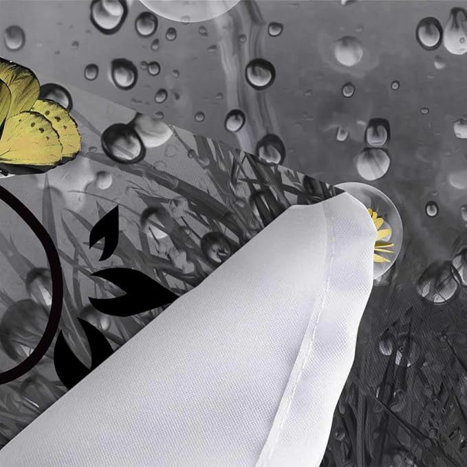 Rustic Farmhouse Yellow Floral Shower Curtain, Farm Daisy Flowers and Butterfly Shower Curtain for Bathroom, Country Yellow Gray Fabric Boho Shower Curtain Set with 12PCS Hooks, 36X70IN