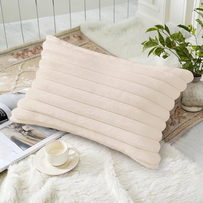 decorUhome Faux Fur Throw Pillow Covers 12x20 Set of 2, Decorative Soft Plush Striped Lumbar Neutral Couch Euro Pillow Covers with Velvet Back for Sofa, Bed, Living Room Home Decor, Beige