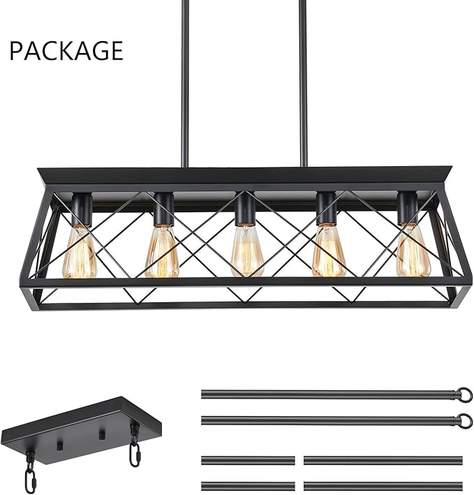 HuixuTe 5-Light Farmhouse Pendant Light for Dining Room, Rustic Kitchen Island Lighting, Adjustable Height Chandeliers for Kitchen, Dining Room Table Black