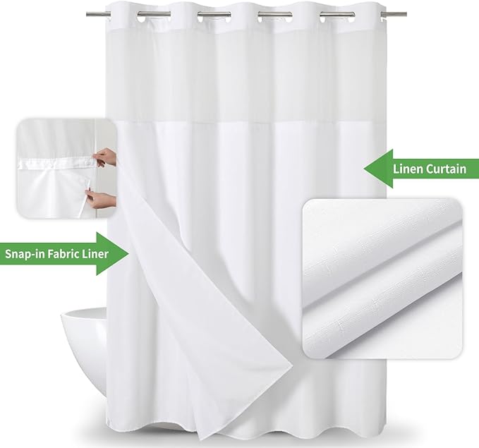 No Hooks Needed Linen Textured Shower Curtain with Snap-in Fabric Liner Set,White Hotel Luxury Decor Shower Curtains for Bathroom with Mesh Top Window,Waterproof & Washable,71Wx77H