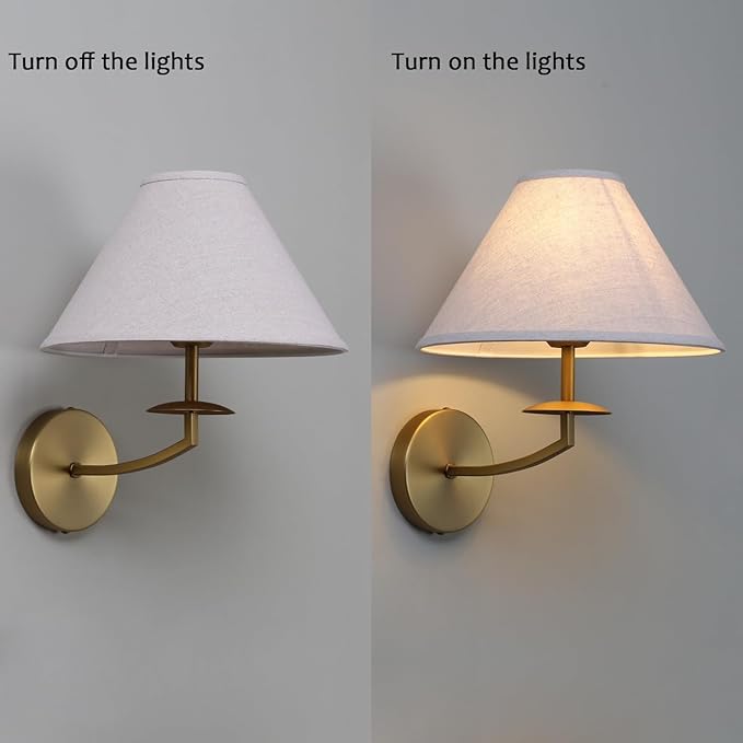 PERMO Vintage Wall Sconce Classic Sconces wiht Linen Fabric Shade Antique Gold Wall Sconces Hardwired Indoor Wall Lights for Living Room Bathroom Bedroom Hallway