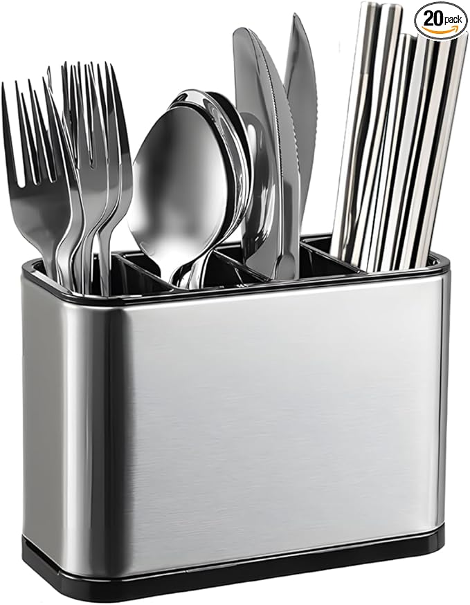 Silverware Organizer, Kitchen Utensil Holder for Counter, Stainless Steel Caddy with 4 Compartments Flatware Spoon Fork Tools Cutlery Holder Silverware Caddy for Utensil Holder（Silvery）