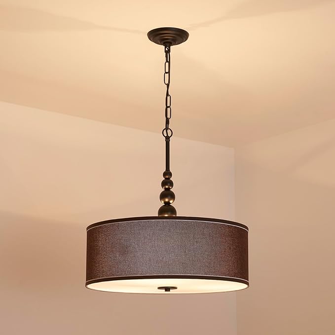 Shrine Lighting Drum Chandeliers, Farmhouse Style, Perfect Drum Pendant Light for Dining Room, D21'' x H8'', Adjustable Chains 59'', E26*3 Sockets, Brown Linen Fabric Lampshade & Black Rod