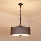 Shrine Lighting Drum Chandeliers, Farmhouse Style, Perfect Drum Pendant Light for Dining Room, D21'' x H8'', Adjustable Chains 59'', E26*3 Sockets, Brown Linen Fabric Lampshade & Black Rod