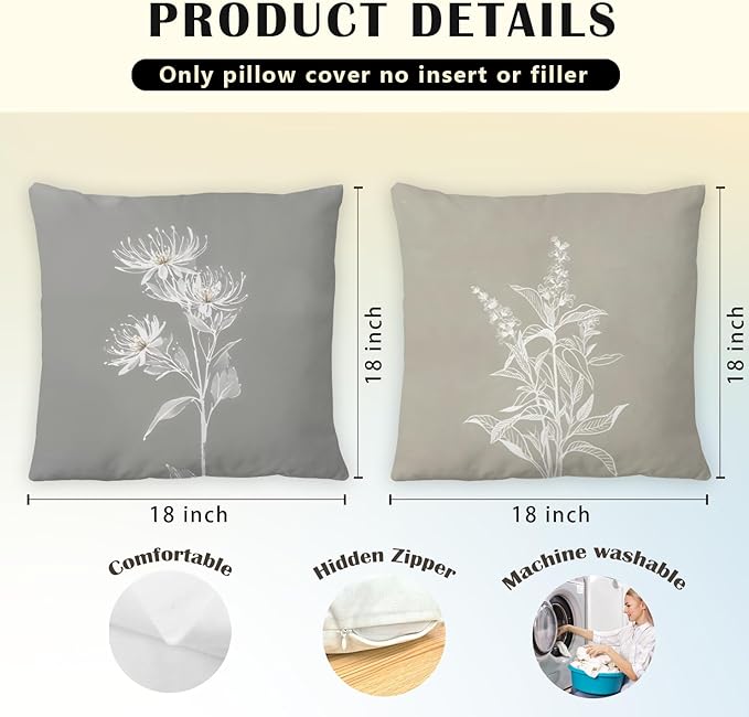 JINYO Boho Neutral Floral Pillow Covers 18x18 Set of 4, Minimalist Elegant Rustic Flower Botanical Decorative Throw Pillow Covers for Living Room Bedroom Home, Floral Flower Room Decor