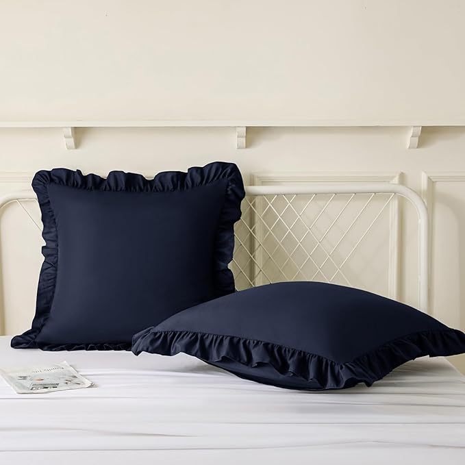 KKJIAF Ruffle Pillow Cases 24x24 Inches, Navy Blue Square Ruffled Pillow Covers Set of 2, Microfiber Wrinkle Resistant Pillow Shams with Envelope Closure for Sofa Bed Living Room