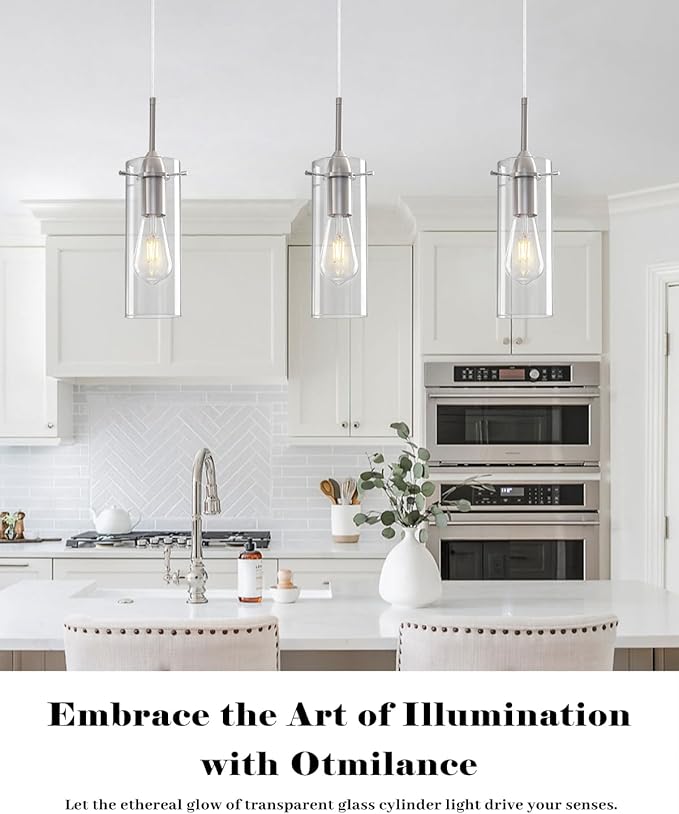 Brushed Nickel Pendant Lights Kitchen Island 1 Pack, Glass Pendant Light, Modern Clear Glass Pendant Light Fixture, Hanging Pendant Lights for Kitchen Island Dining Room Bar