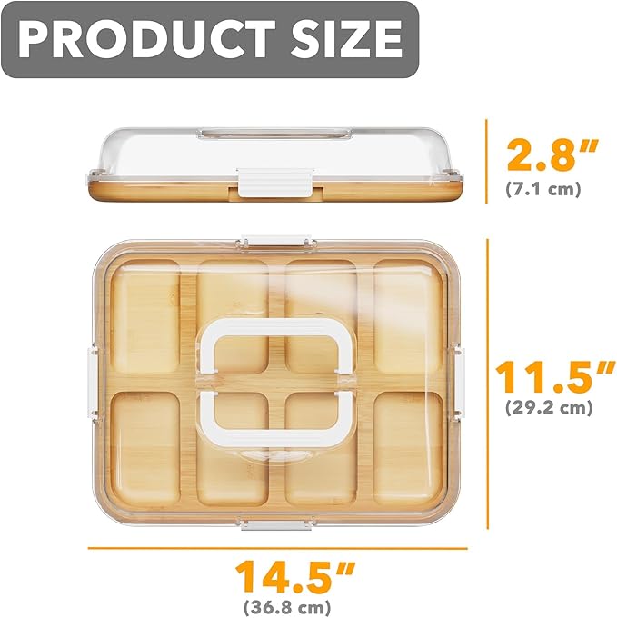 SpaceAid Charcuterie Board with Clear Lid, Portable Travel Cheese Cutting Boards for Picnic Accessories, Bamboo Serving Tray with Lids, House Warming Gifts, White Handles, 8 Compartments