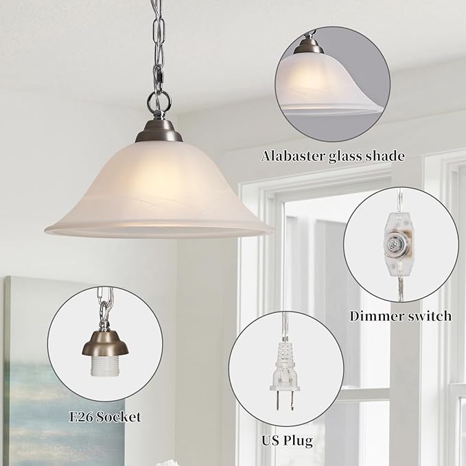 Vintage Plug in Pendant Light,Hanging Lights with Plug in Cord,16.4Ft Cord & 14.7Ft Chain Dimmable Brushed Nickel Hanging Light Fixture,Hanging Lamp with On/Off Switch for Kitchen,Bedroom,Living Room