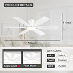 Ceiling Fans with Lights, 52 Inch Low Profile Ceiling Fan with Light and Remote Control, Flush Mount, Reversible, 3CCT, Dimmable, Quiet, White Ceiling Fan for Bedroom Indoor/Outdoor Use