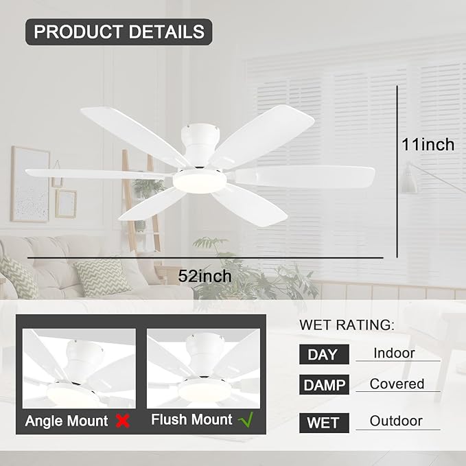 Ceiling Fans with Lights, 52 Inch Low Profile Ceiling Fan with Light and Remote Control, Flush Mount, Reversible, 3CCT, Dimmable, Quiet, White Ceiling Fan for Bedroom Indoor/Outdoor Use
